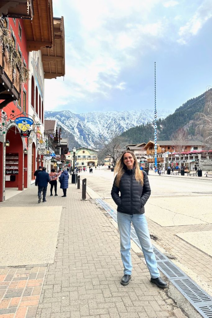downtown leavenworth with snow capped mountains in background