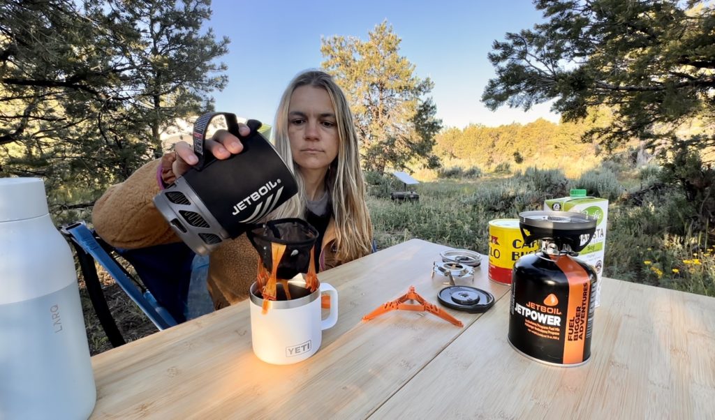 making pour over coffee while camping with jetboil