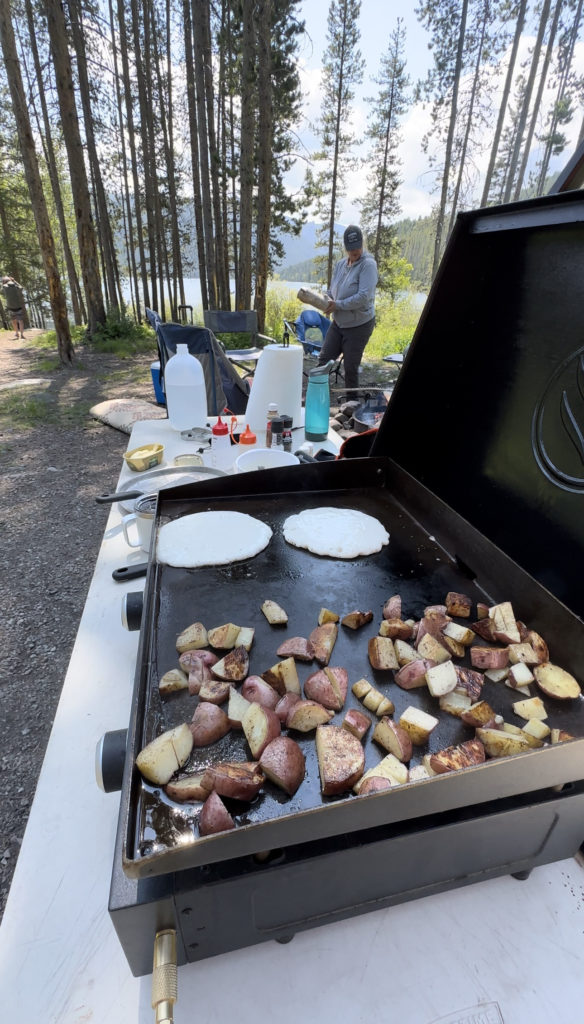 portable rv grill used to make pancakes and potatoes